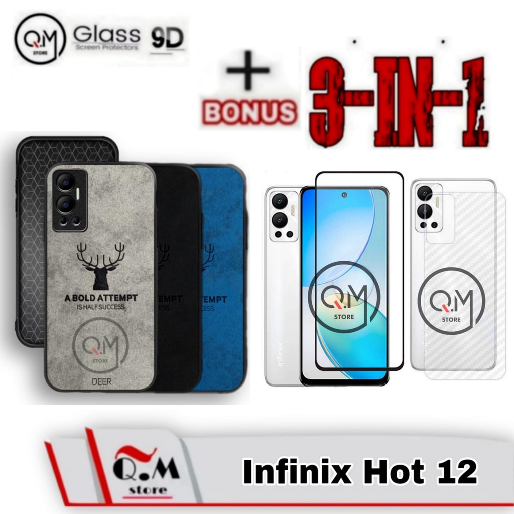 Paket 3 in1 Case Deer Infinix Hot 12 / Infinix Hot 12 Play / Hot 12i Softcase deer High Quality Bermotif Deer Jens Pelindung Back Cover