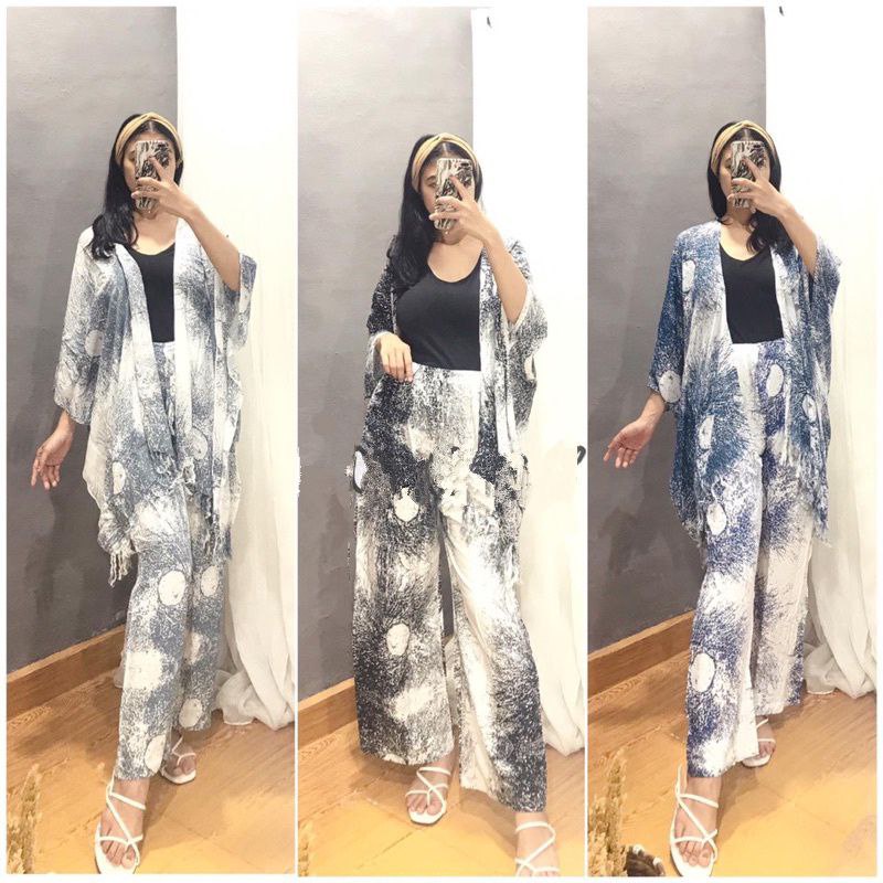 Setelan Baju Outer Cardigan Kardigan Bali Jumbo Wanita Kulot Motif Akar