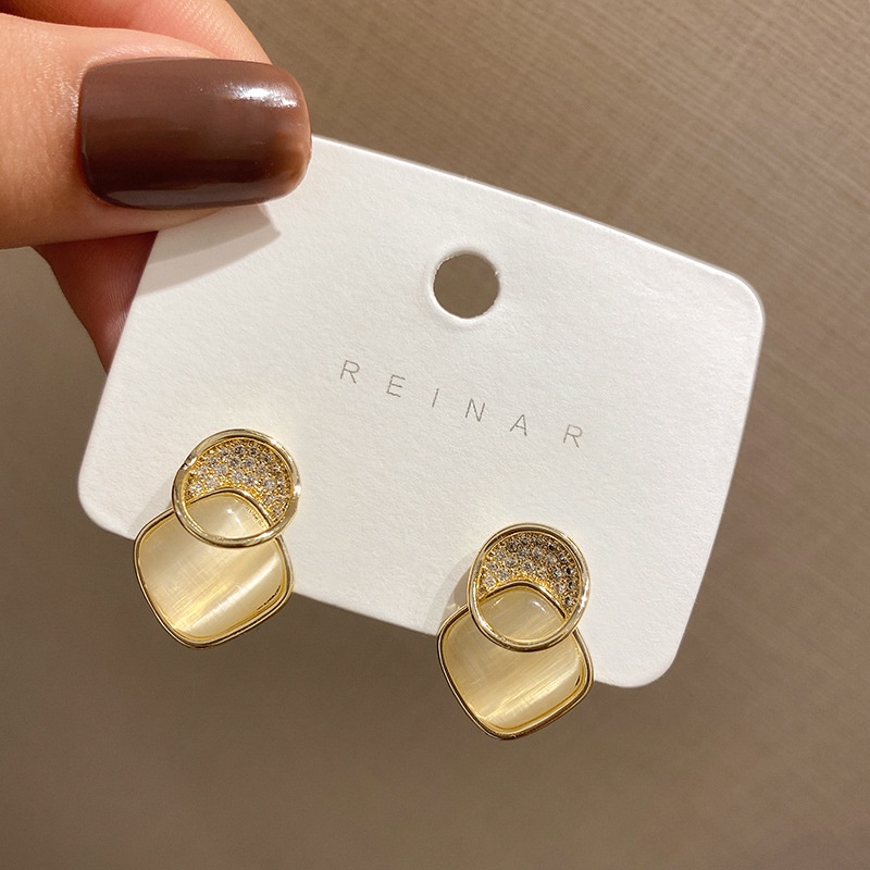 Anting Opal Geometris Gaya Retro Perancis Untuk Wanita