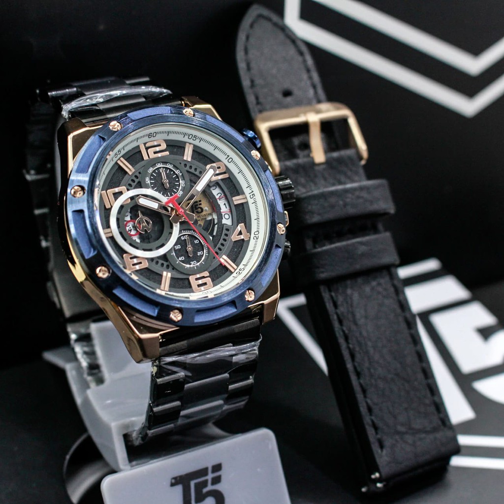 Jam tangan pria T5 H3706 chrono paket free tali cadangan original tahan air