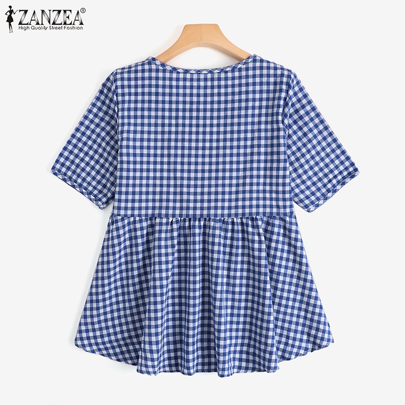 ZANZEA Women Summer Fashion Short Sleeve O-Neck Grid Printed Plus Size Loose Blouse