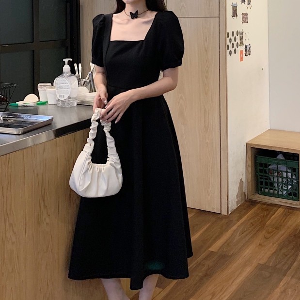 [chaoo.id ]korean style dres gaundress wanita long dress  panjang hitam kasual  wanita  retro gamis hitam