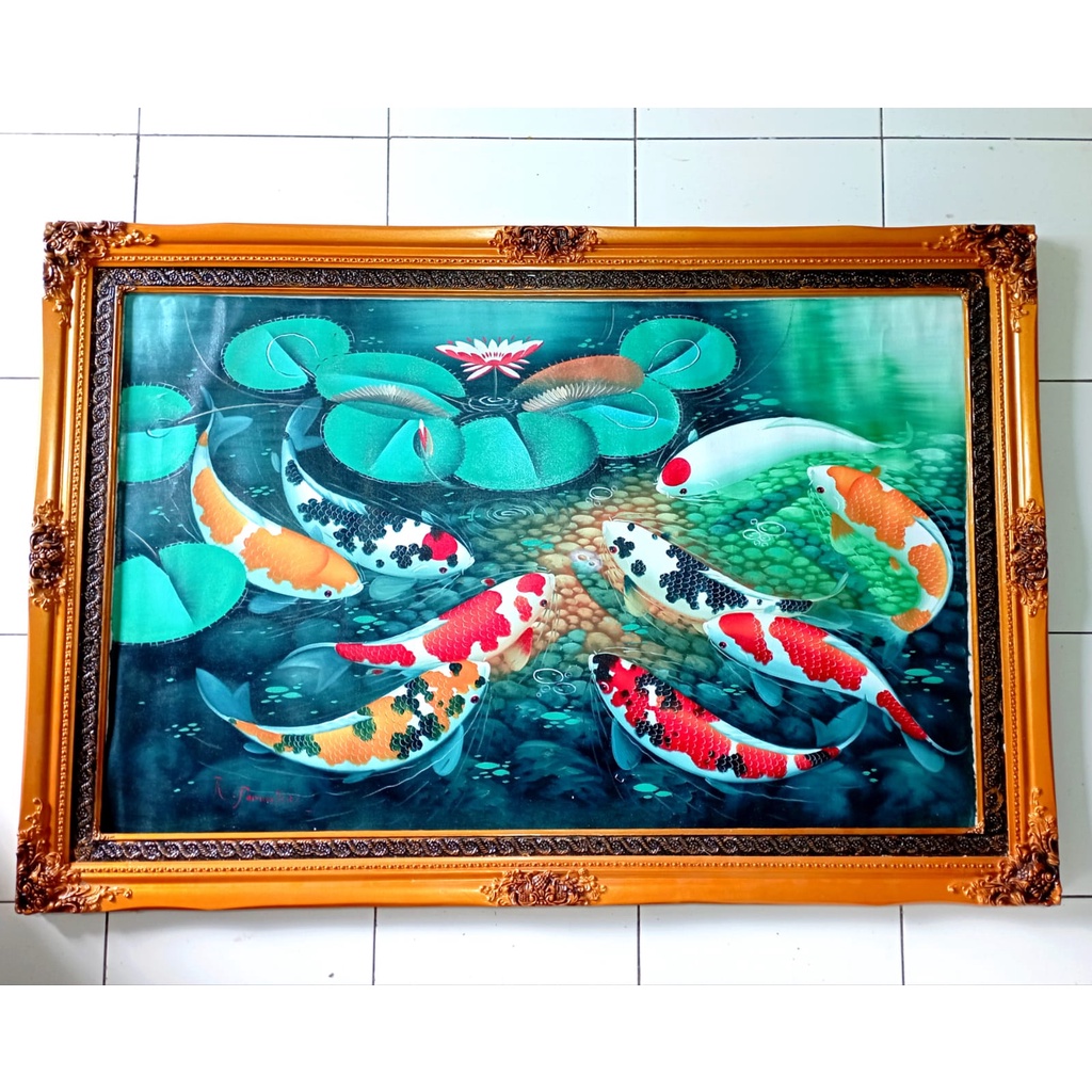 lukisan ikan koi super jumbo ukuran 135x85 harga sudah dgn pigura kayu
