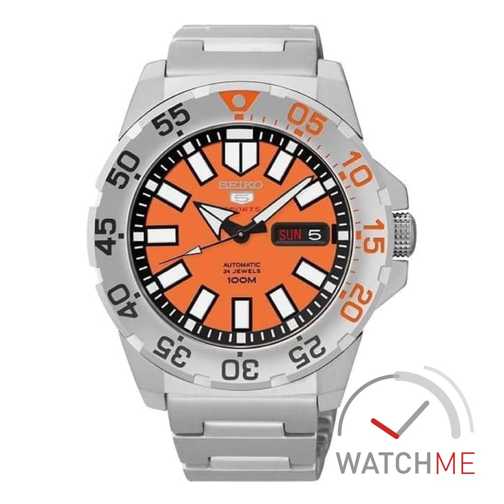 Jam Tangan Seiko 5 SRP483K1 Automatic Orange Black 100m Stainless Steel Original Bergaransi