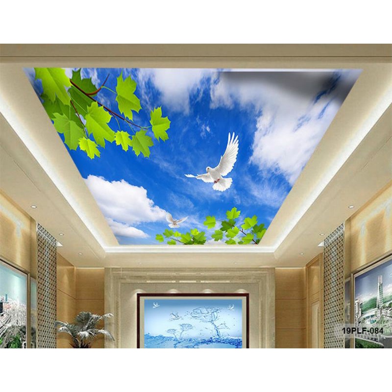 Wallpaper 3D Custom Plafon Langit Putih Awan Biru Pelangi Merpati Putih (19PLF-084)