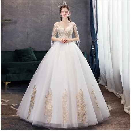 gaun pengantin emas wedding Dress gold renda ballgown