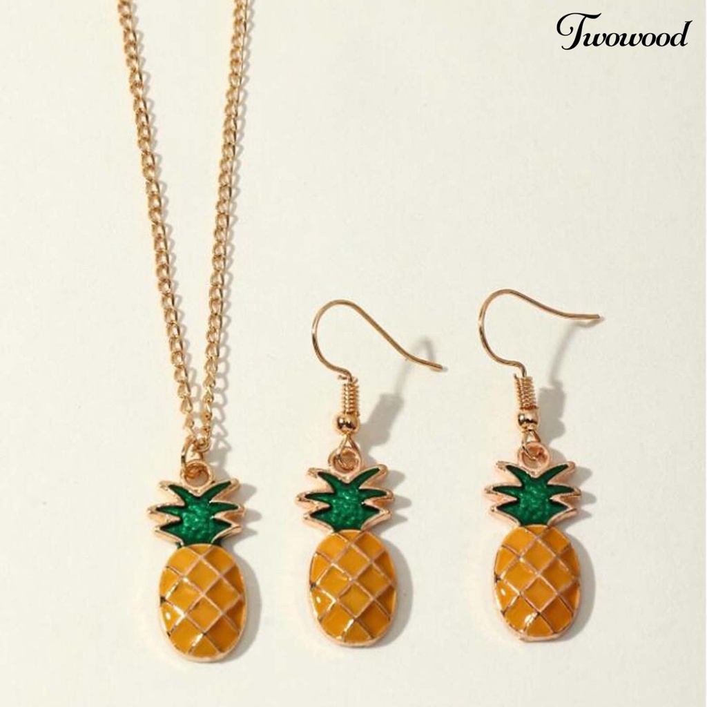 Twowood 2Pcs/Set Piercing Cute Necklace Earrings Set Alloy Pineapple Pendant Necklace Ear Hooks Jewelry Accessory