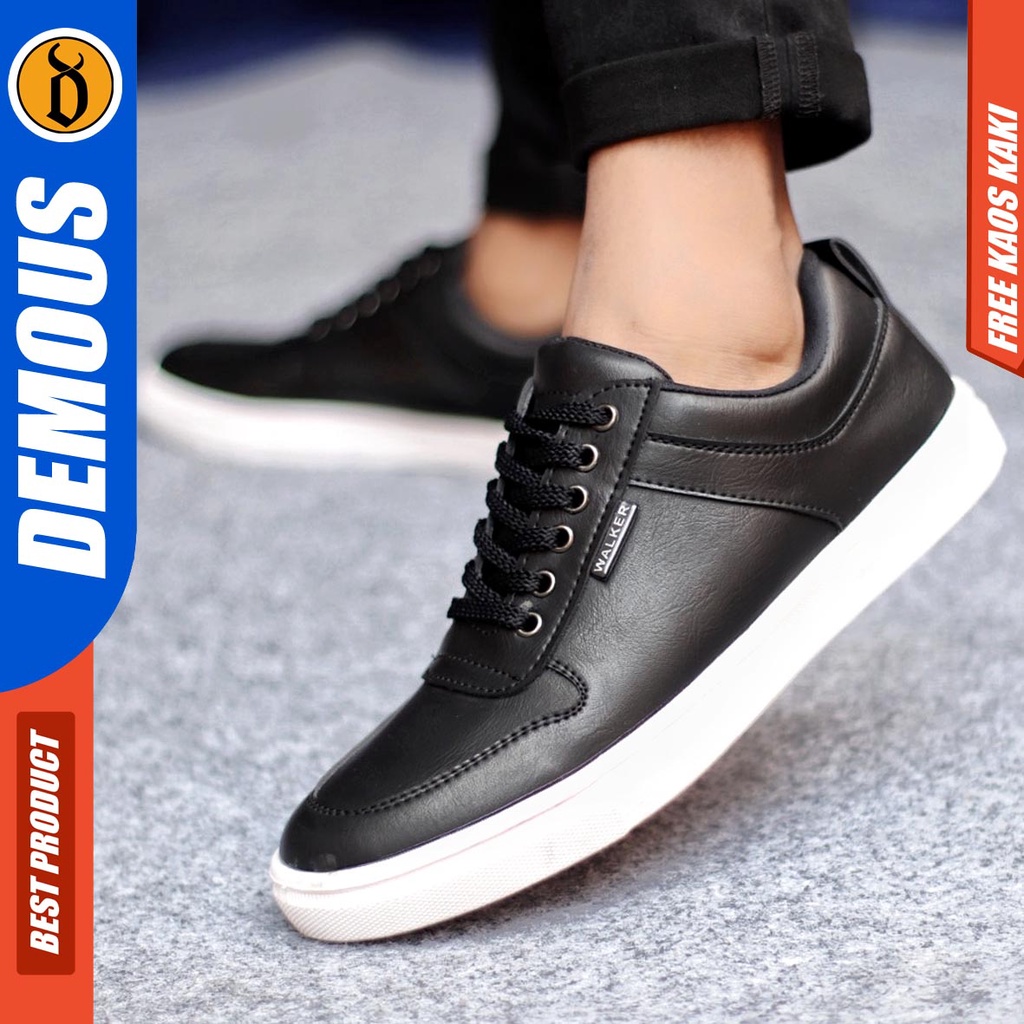 Sepatu Kasual Pria Sneakers Casual Kulit Pu Kerja Polos Hitam Coklat Demous Tiago