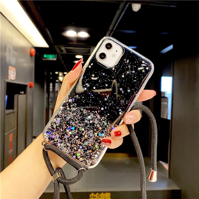 Case Bahan Silikon Aksen Glitter Dengan Tali Lanyard Untuk Iphone 12 12pro 12promax 12mini 11 Pro Max Xr Xs Max 6 7 8 Plus