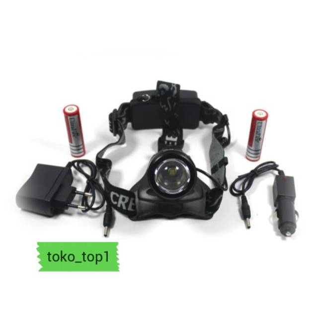 senter kepala T6 led ZOOM  2baterai hight power headlamp hitam