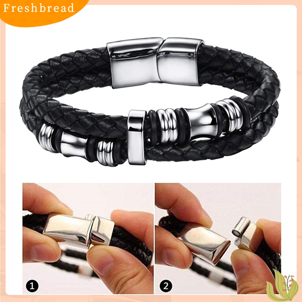 Terlaris Fashion Men Double Layer Faux Leather Braided Magnet Clasp Bead Bracelet Bangle