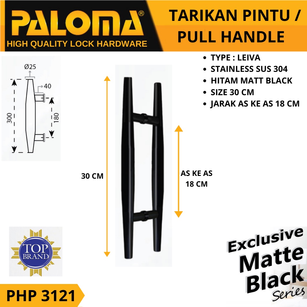 PALOMA TARIKAN GAGANG HANDLE PINTU LEIVA 30 CM PHP 3121 HITAM BLACK MATTE