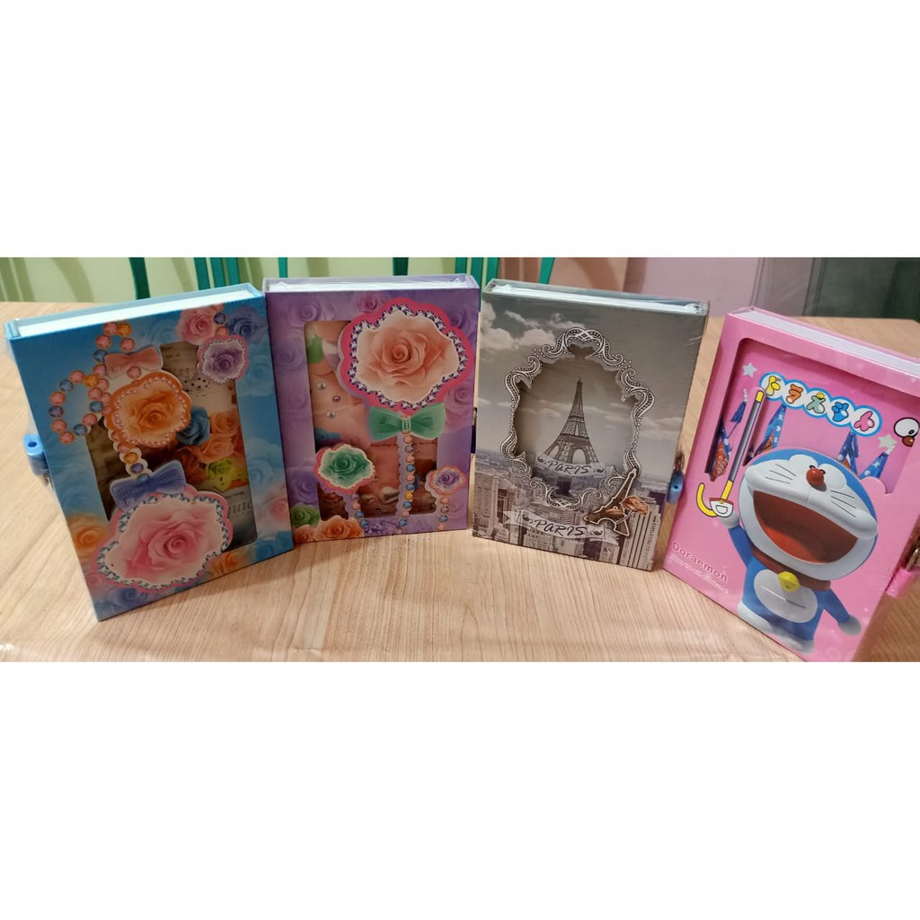 BUKU DIARY BOX BESAR / BUKU DIARY + GEMBOK MOTIF DORAEMON / PARIS / BUNGA rg58