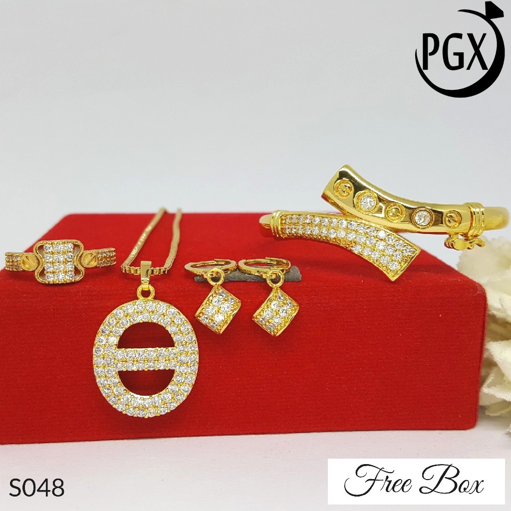 PGX Set Perhiasan Xuping Cincin Gelang Kalung Anting Lapis Emas - S048