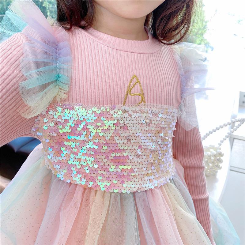 Dress Gaun Anak Lengan Panjang Unicorn Rainbow Glitter Sequin