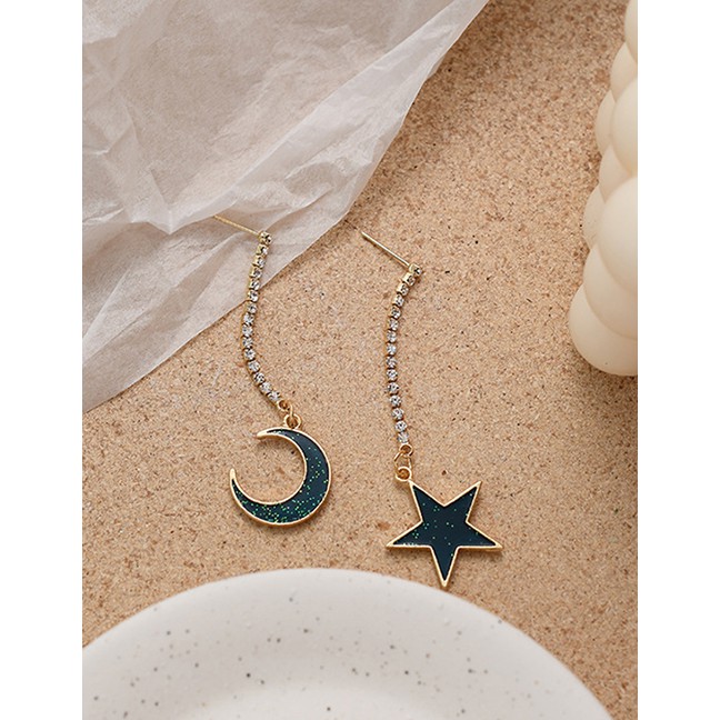 LRC Anting Tusuk Fashion Golden Star And Moon Long Asymmetric Earrings With Diamonds K00734