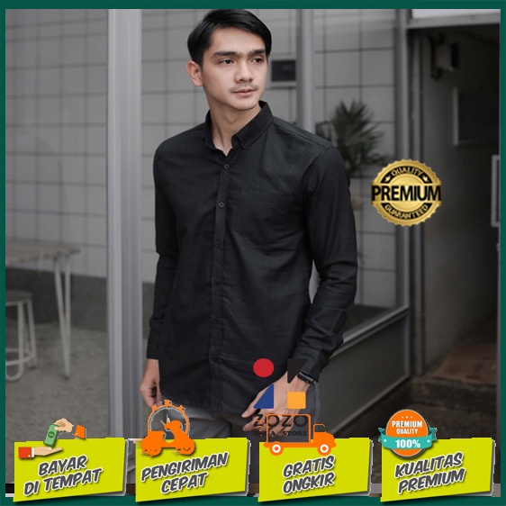 [COD] Kemeja Pria Basic Polos Panjang Hitam 1468D