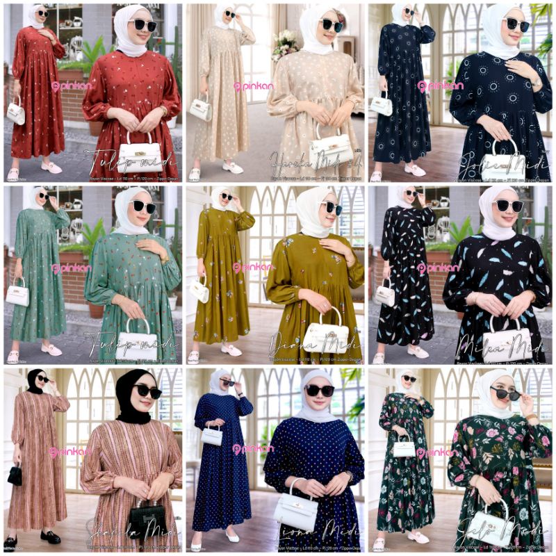 MIDI DRESS MOTIF SERIES ORIGINAL PRODUK BY PINKAN (100% REAL PICT ORI BERLABEL PINKAN) (MESITA TULIP