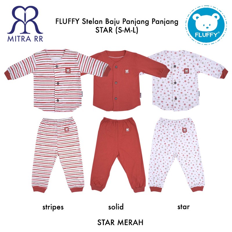 FLUFFY Stelan Baju Panjang Celana Panjang STAR S M L (3-12 bulan) Setelan Baju Tidur Anak Bayi 3 Pasang