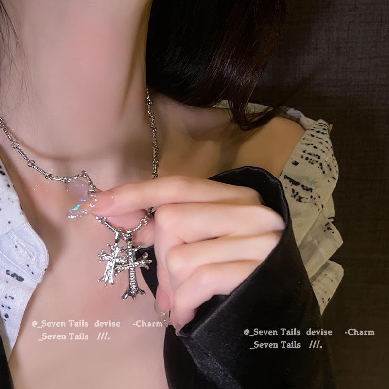 Kalung Rantai Choker Liontin Salib Y2K Hias Kristal Gaya Korea Untuk Wanita