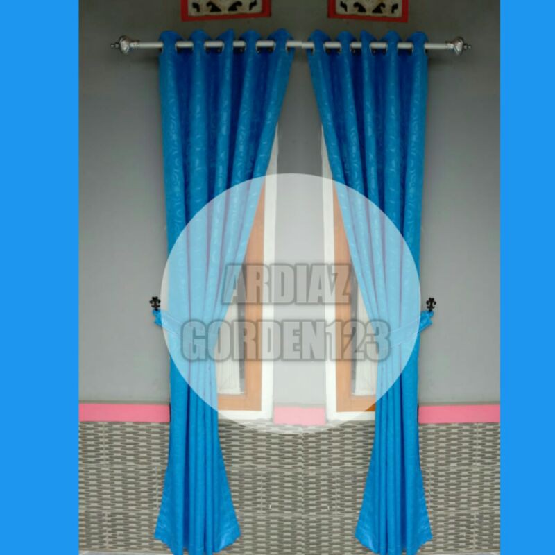 Gorden jendela minimalis motif serat bunga warna biru