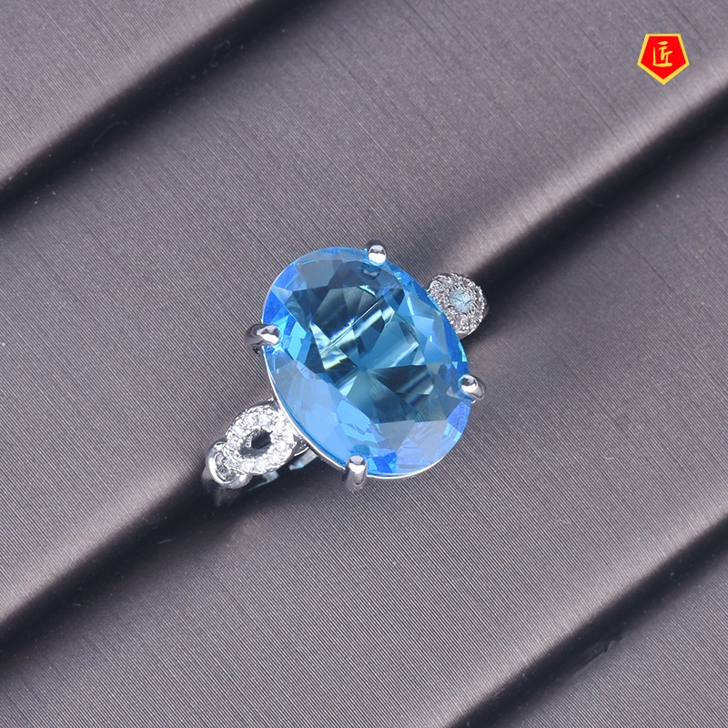 [Ready Stock]Inlaid Blue Topaz Ring Classic Temperament