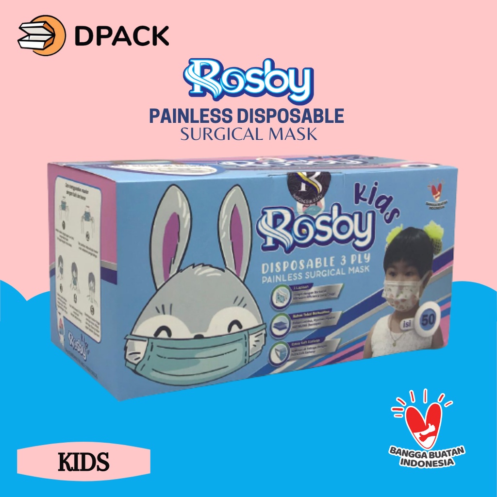 Rosby Masker Medis Anak 3ply Painless Masker Tali Lebar Isi 50 Pcs