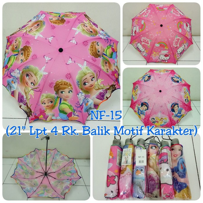 PAYUNG LIPAT NF-15 PINK MOTIF KARAKTER KARTUN Disney Putri Salju / Frozen / Hello Kitty / Princess