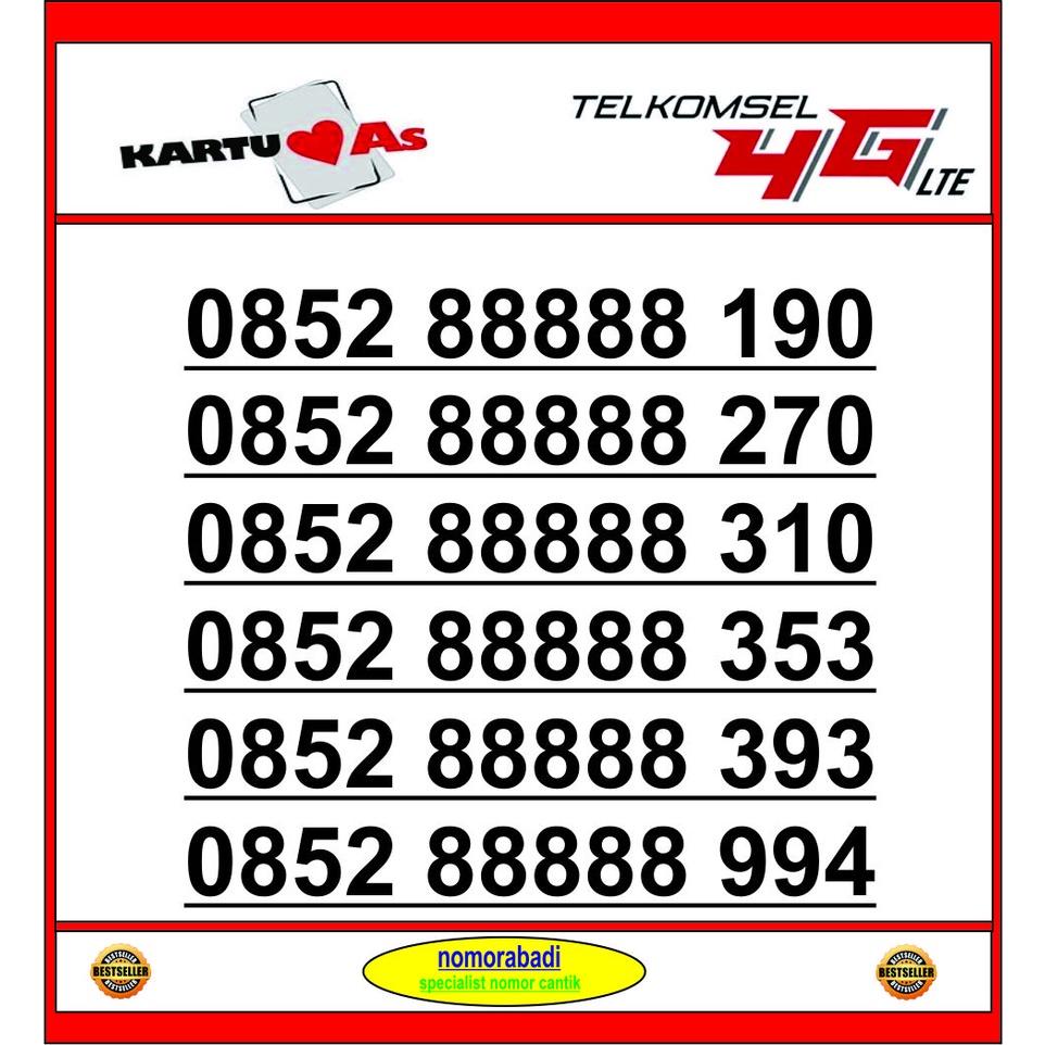 NOMOR CANTIK AS 4G 0852 88888 H1000