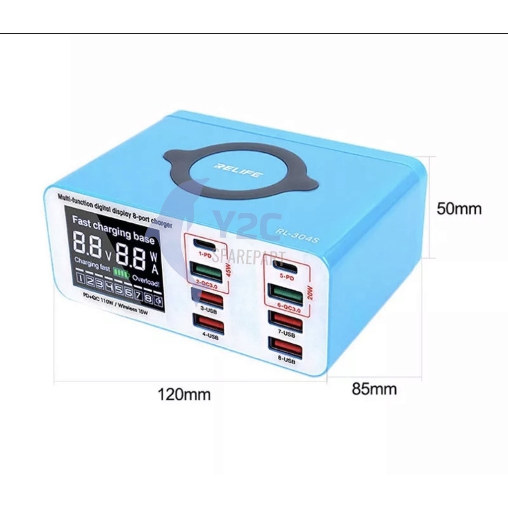 ADAPTOR WIRELESS RELIFE RL-304S 8 PORT USB DIGITAL SMART SUPER FAST CHARGING 45 WATT / ALAT SERVIS SERVICE HP