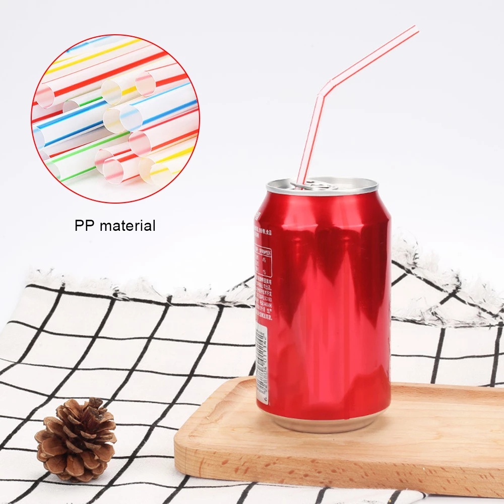 100Pcs Disposable Plastic Drinking Straws Multi-Color Striped Bendable Elbow Beverage Straws