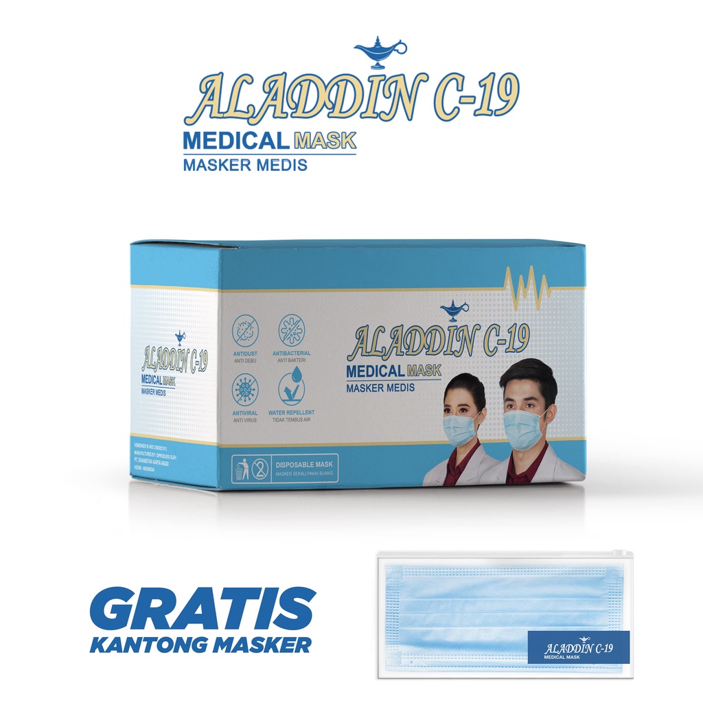 Masker Medis Aladdin C19 Earloop 3Ply BFE 99 Persen - BOX GRATIS KANTONG MASKER