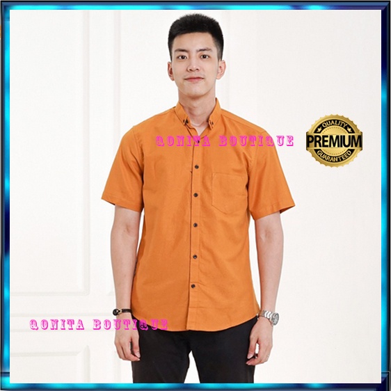 Kemeja Pria Lengan Pendek Cowok Premium Distro Warna Kuning Kunyit Mustard Baju Pria XXL
