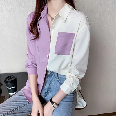 Kemeja Wanita Polos Casual Blouse Basic Kombinasi Warna Lengan Panjang Kekinian  Moscrepe-3