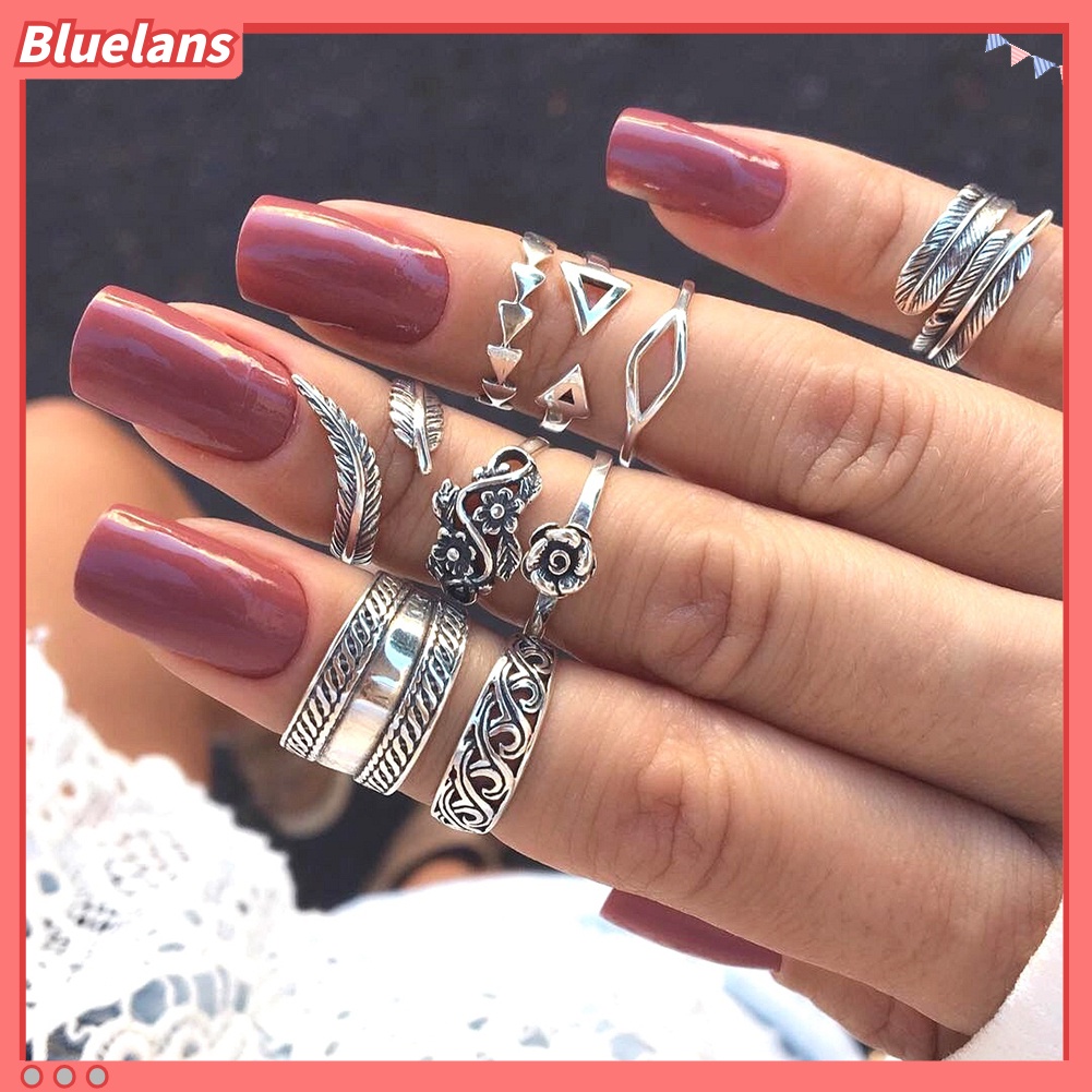 Bluelans 9 Pcs Vintage Women Hollow Carving Flower Leaves Open Band Knuckle Ring Set