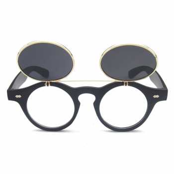 Kacamata Hitam Klasik Double Frame Retro Steampunk Bisa Buka Tutup / Kacamata Bundar hitam Vintage Double Frame Pria Wanita Kacamata Steampunk Fashion Anti Radiasi UV Korea Jepang Fashion Style / Kacamata Dua Lensa Clip On Kacamata Jalan Jalan Pria Wanita