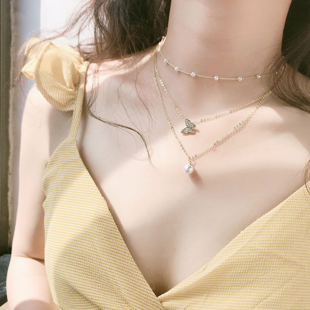 【COD Tangding】Three-layer Chain Butterfly Pearl Pendant Necklace Ins Clavicle Chain Fashion Accessories Jewelry