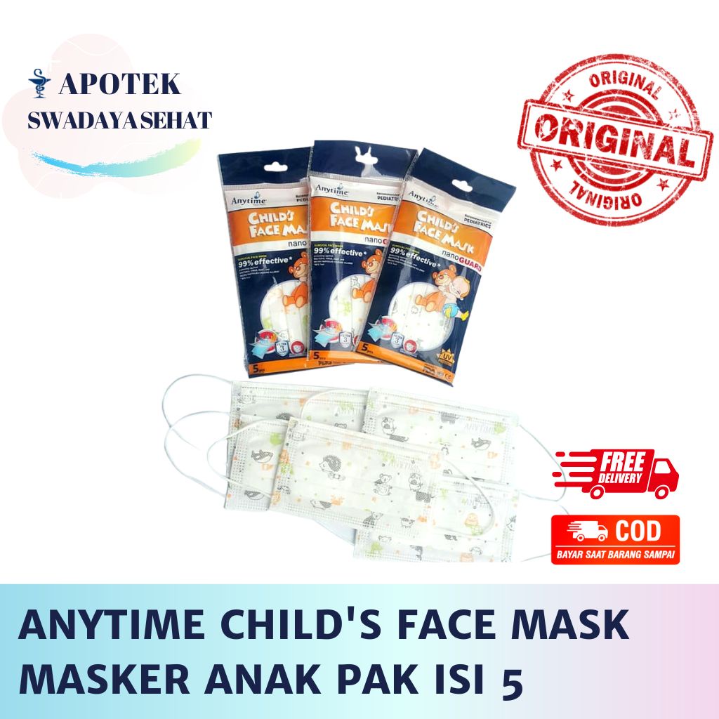 ANYTIME CHILD'S Face Mask Pak Isi 5 - Masker Anak 3ply Earloop 5pcs