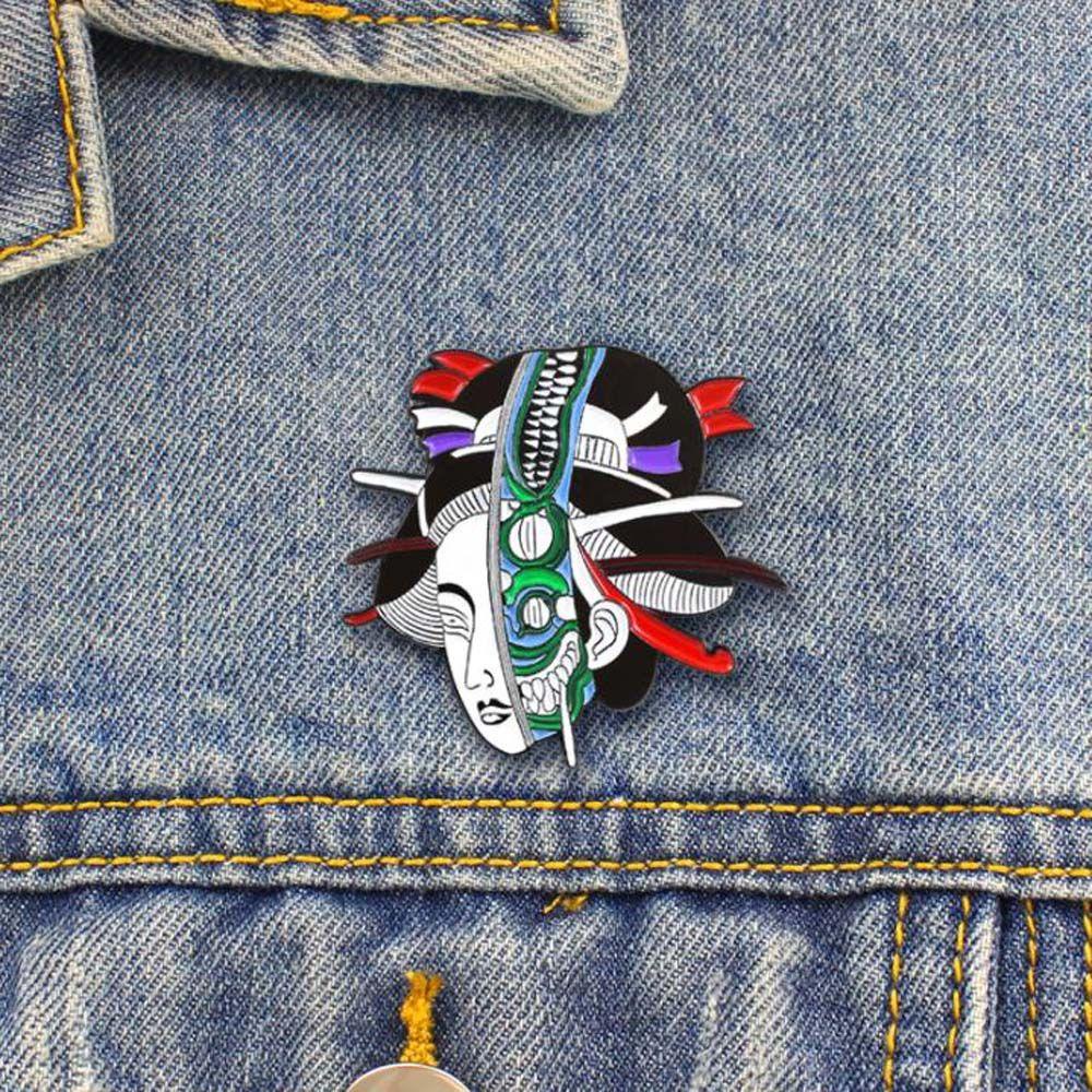 [Elegan] Geisha Bros Hadiah Kreatif Untuk Wanita Pria Wanita Jepang Geisha Woman Skeleton Mask Badge Pin Enamel Pin