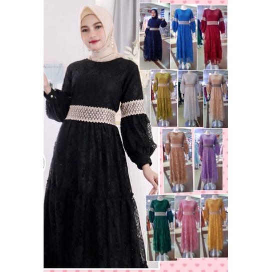 COD gamis pesta baju kurung hijab lebaran gaun brokat m l xl lapis furing pinggang karet