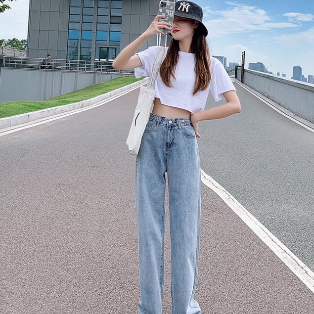 XIAOZHAINV Korean Style Jeans Wanita Retro Loose Highwaist Straight Jeans