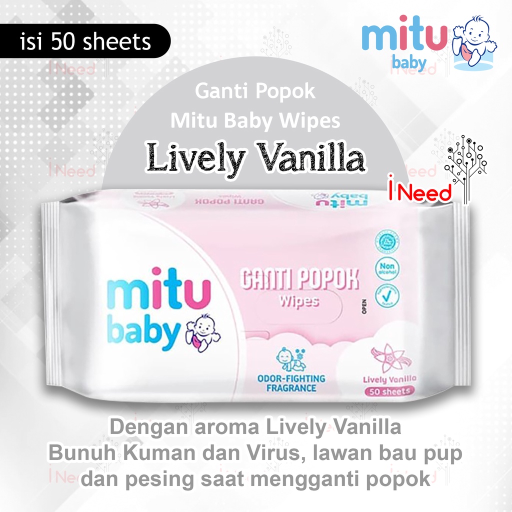 (INEED) (1pc ) Mitu Baby Wipes Tiap Pack Isi 50 Sheets Aroma Sweet Rose