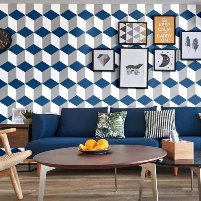 Dijual Wallpaper Hexagonal Warna 3D - Wall Sticker Dinding 9/10M X 45Cm - Hexagonal Biru Hemat
