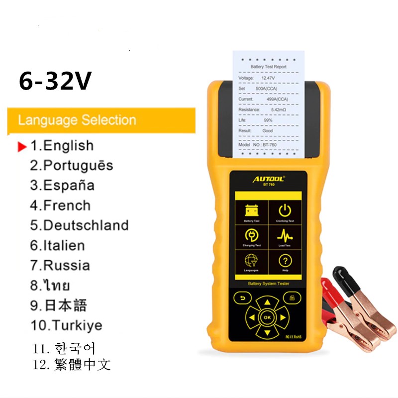 AUTOOL BT760 12V 24V Car Battery Tester Tool With Printer Diagnostic