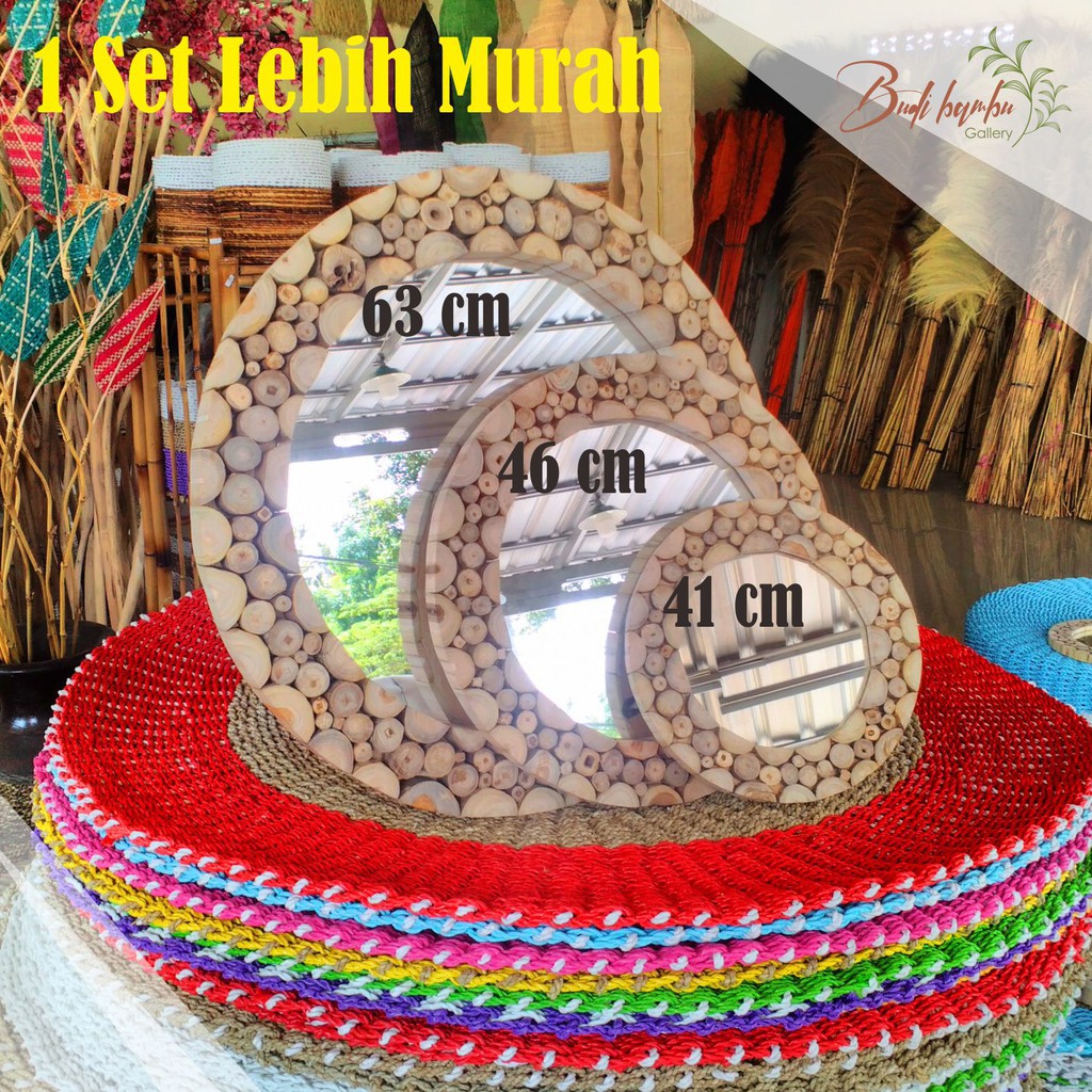 CERMIN KOIN KAYU JATI / WALL MIRROR / KACA GANTUNG BODY POTONGAN KOIN KAYU JATI UKURAN L