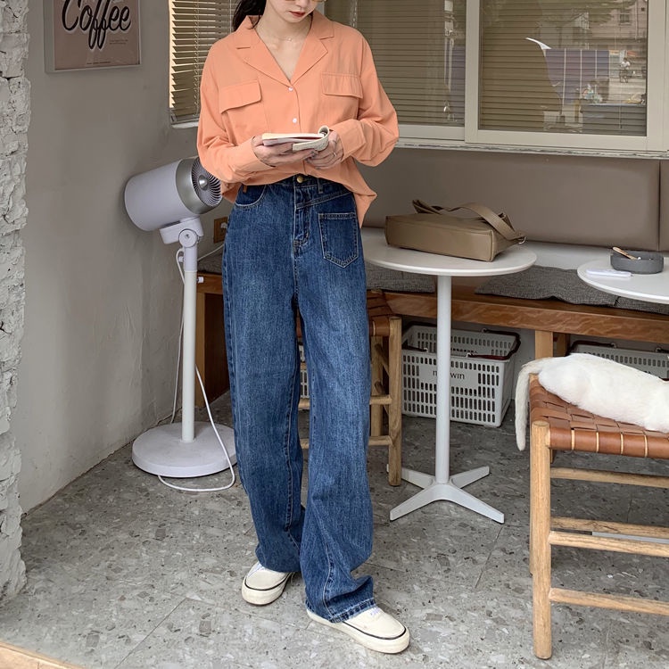 New high waist longgar straight celana jeans panjang wanita