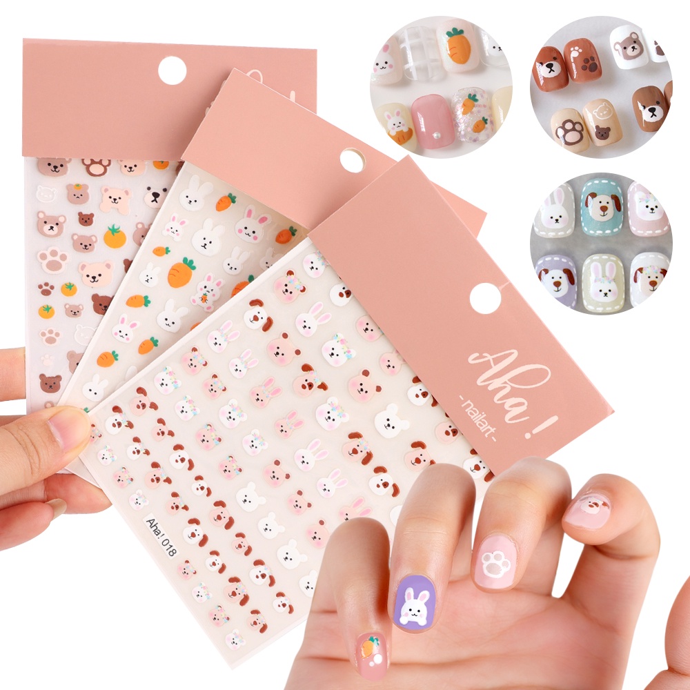 Stiker Kuku Motif Kartun Beruang / Kelinci Tahan Air Untuk Dekorasi Nail Art / Manicure DIY