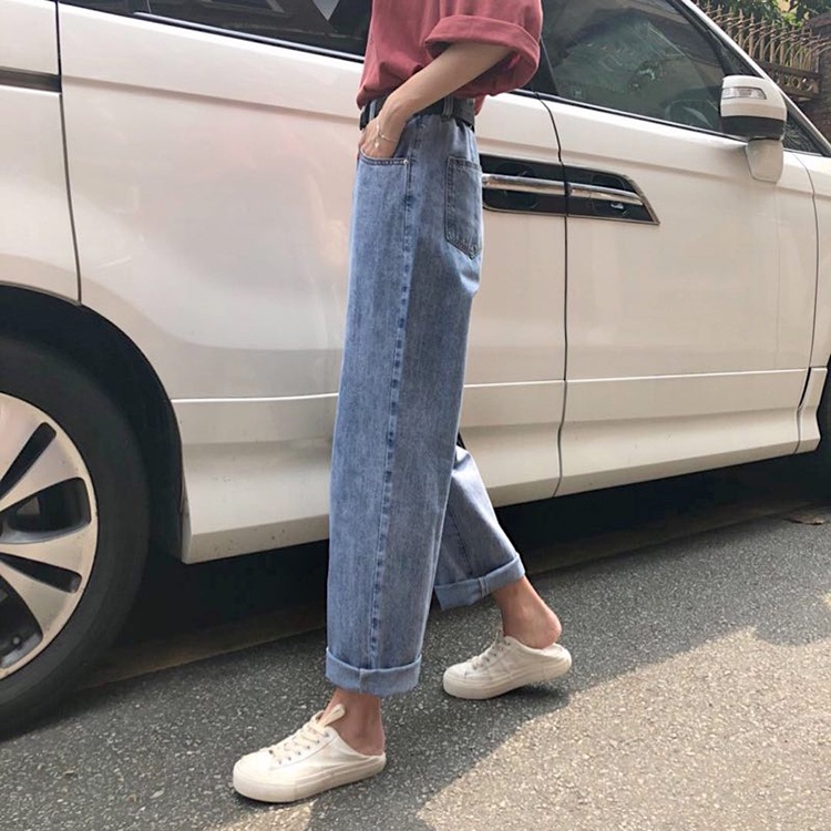 Celana Panjang Model Longgar Lebar Lurus High Waist Bahan Jeans Untuk Wanita