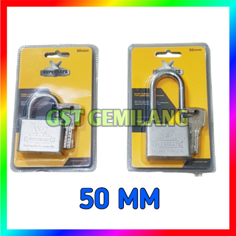 GEMBOK SUPERSAFE 50MM NIKEL PUTIH PER PANJANG PENDEK