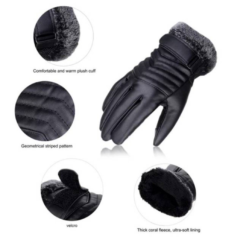 Sarung tangan winter pria gloves hangat musim dingin touchscreen kulit leather hitam black MEN